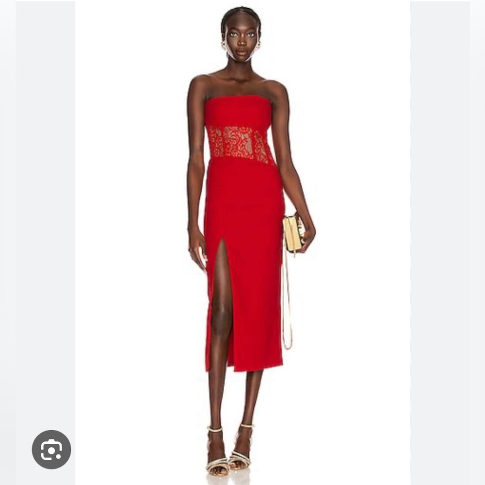 RASARIO Asymmetric Corset Midi Dress in Red